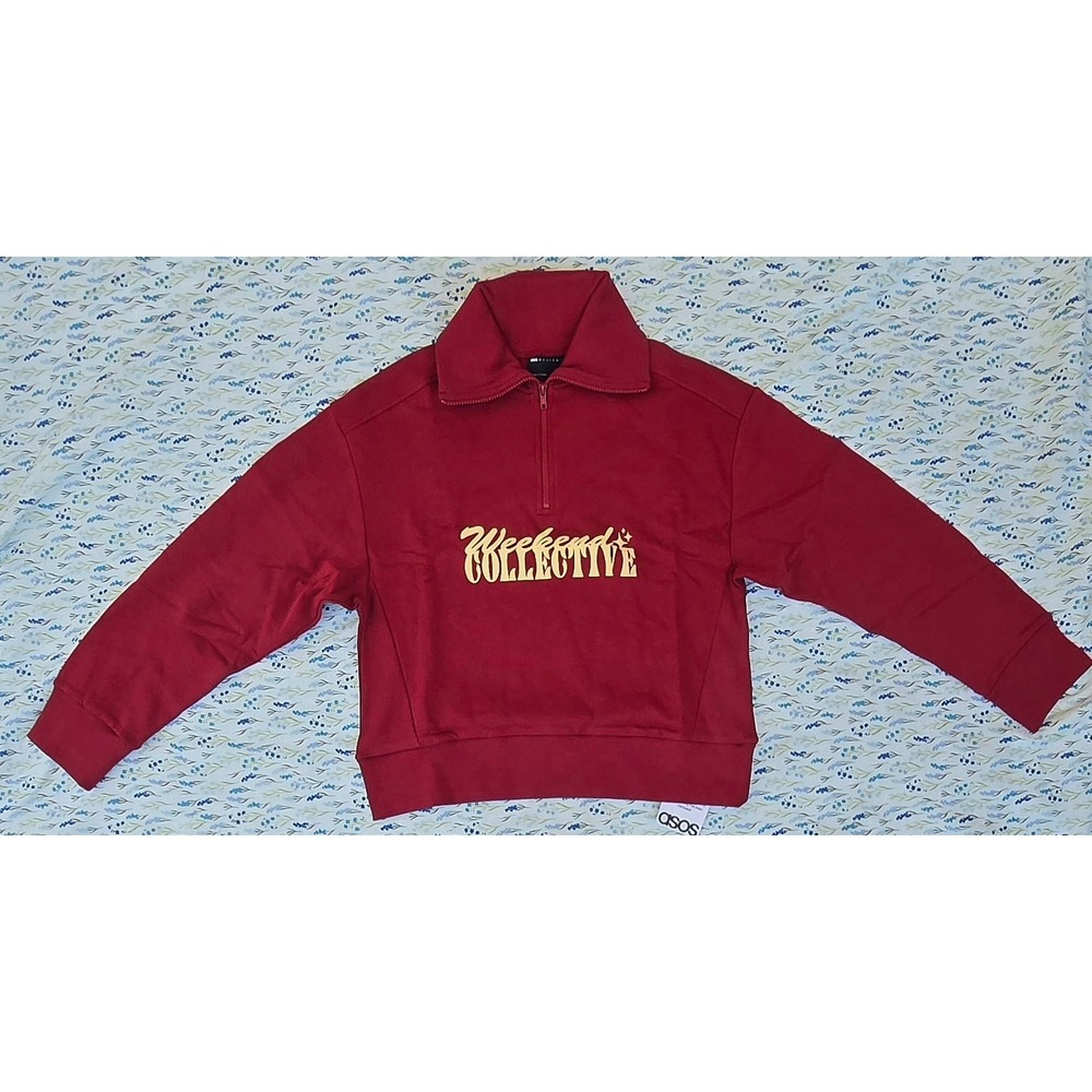 ASOS Weekend Collective Half Zip Sweatshirt Burgundy Graphic Fleece XS 148301648